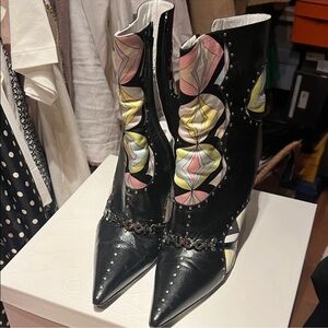 Vintage Emilio Pucci Leather Boots with Silk Pastel Print, Metal Logo, Studs